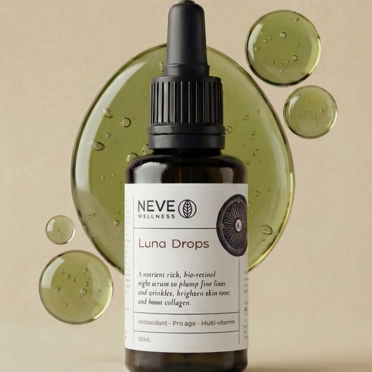 Bottle of Neve Wellness Luna Drops on a beige background with green droplets.